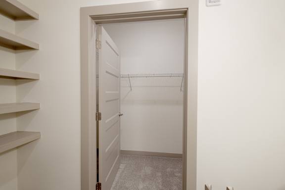A white closet with a door open and shelves on the left.