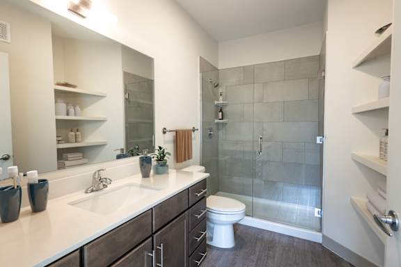 A modern bathroom with a walk-in shower and a white sink.