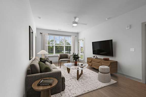 Living Room With TV at Forest Edge Apartments, Charlestown, IN 47111