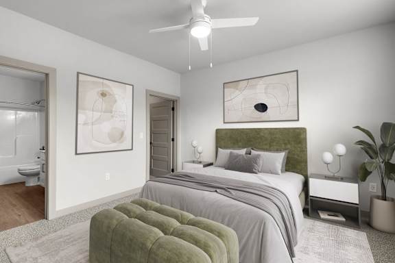 Bedroom With Ceiling Fan at Forest Edge Apartments, Charlestown, 47111