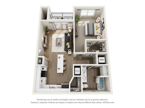 A 3D floor plan of a small apartment with a kitchen, living room, and bathroom.
