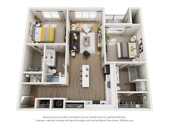 A 3D floor plan of a small apartment with a kitchen, living room, and bedroom.