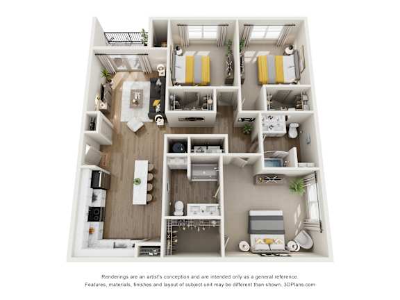 A 3D floor plan of a small apartment with two bedrooms, a living room, a kitchen, and a bathroom.