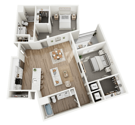 A 3D floor plan of a house with labeled rooms.