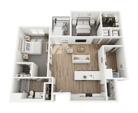 A 3D floor plan of a house with a living room, kitchen, and two bedrooms.