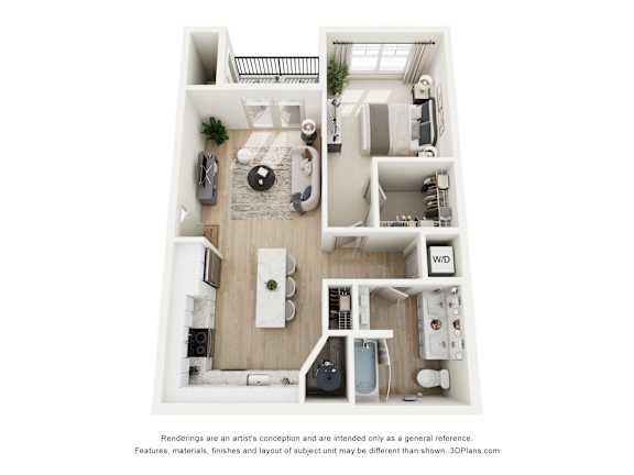 A 3D floor plan of a small apartment with a kitchen, living room, and bathroom.