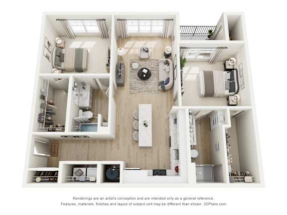 A 3D floor plan of a house with a kitchen, living room, and two bedrooms.