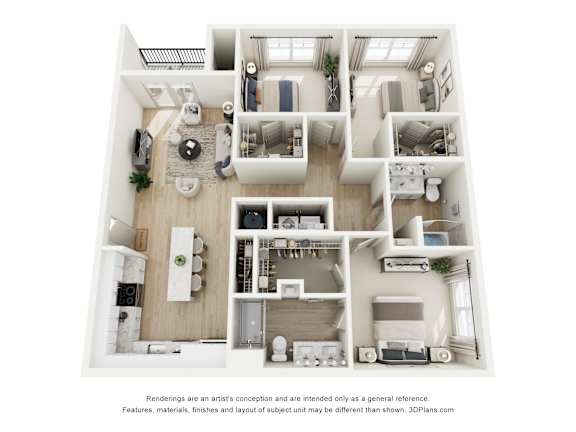 A 3D floor plan of a house with a kitchen, living room, and bedrooms.