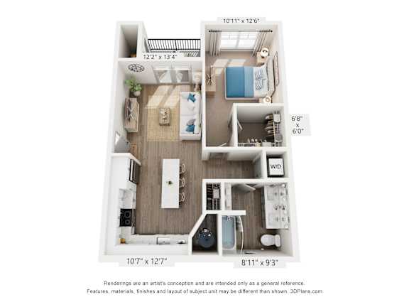A floor plan of a small apartment with a bedroom, living room, and kitchen.
