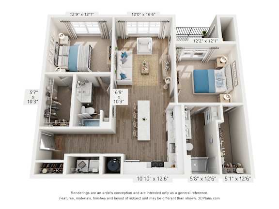 A 3D floor plan of a small apartment with a kitchen, living room, and two bedrooms.