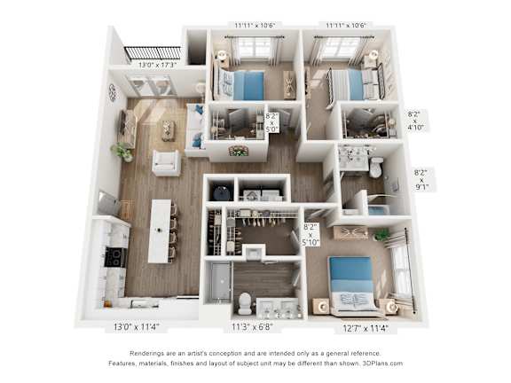 A 3D floor plan of a house with dimensions and room descriptions.