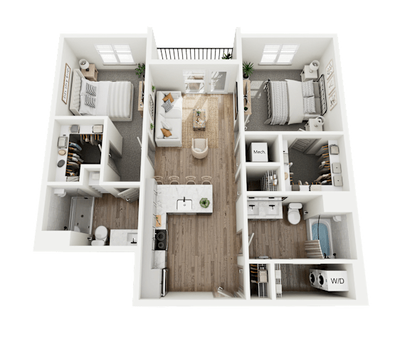 A 3D floor plan of a small apartment with a kitchen, living room, and bedrooms.