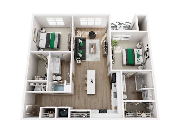 A top-down view of a small apartment with a kitchen, living room, and bedroom.