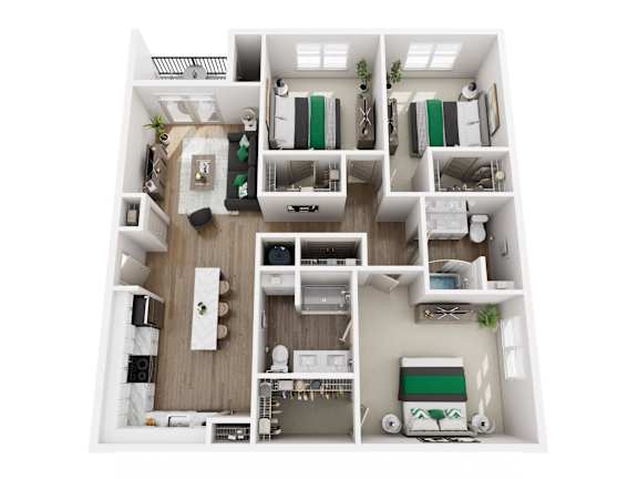 A top-down view of a small, neatly organized apartment with a kitchen, living room, and bedroom.