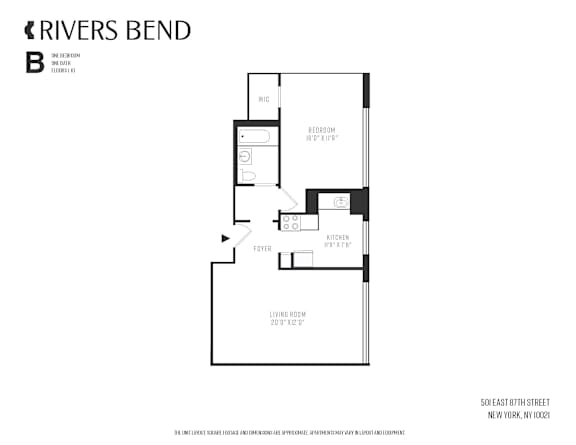 A black and white image of a floor plan for a one bedroom apartment.
