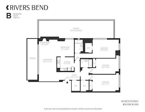 A black and white floor plan of a Rivers Bend apartment.