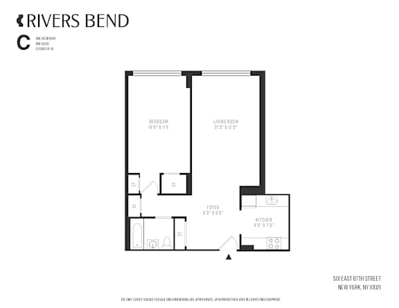 A black and white image of a floor plan for a Rivers Bend apartment.