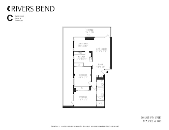 A floor plan for a rivers bend apartment with a living room, dining area, kitchen, and two bedrooms.