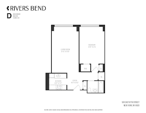 A floor plan for a rivers bend apartment with a living room, kitchen, and bedroom.