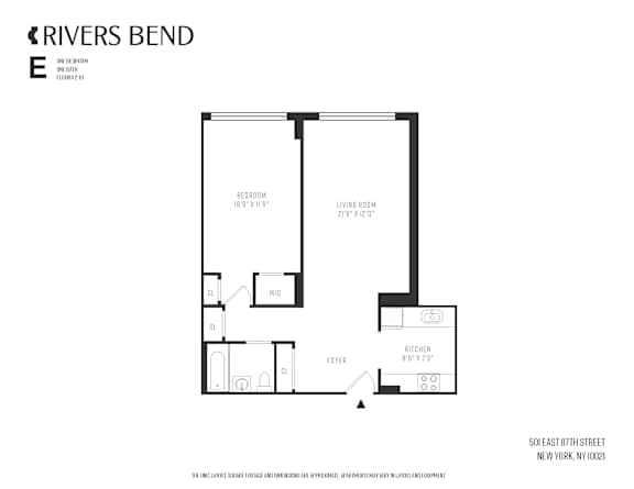 A floor plan for a Rivers Bend apartment shows a bedroom, living room, kitchen and foyer.