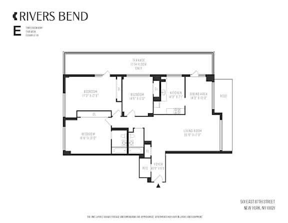 A floor plan for a Rivers Bend property shows two bedrooms, a living area, a kitchen, a terrace, and a garage.