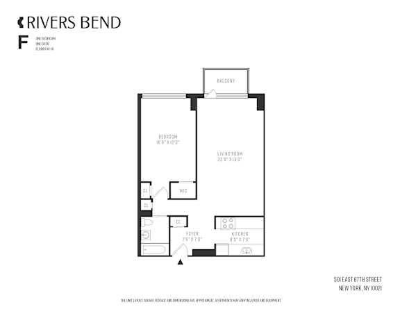 A floor plan of a one bedroom apartment at Rivers Bend.