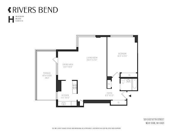 A floor plan for a rivers bend apartment with a living room, dining area, terrace, and kitchen.