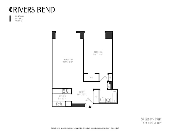 A black and white floor plan for a Rivers Bend apartment.