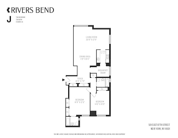 A black and white image of a floor plan for a riverside apartment.