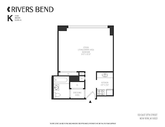A black and white floor plan for a one bedroom apartment.