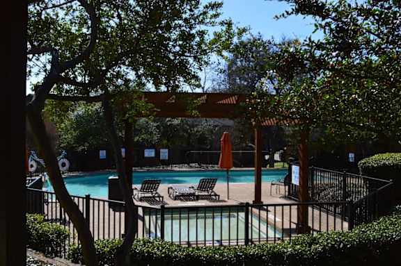A pool surrounded by trees and a fence.
