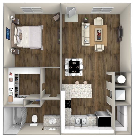 a 3d rendering of a floor plan for a 1 bedroom apartment