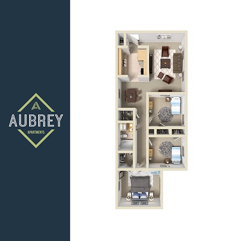 auberge apartments logo on a blue background and a floor plan of a house