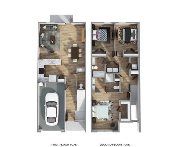 an apartment with a wooden floor and a white car