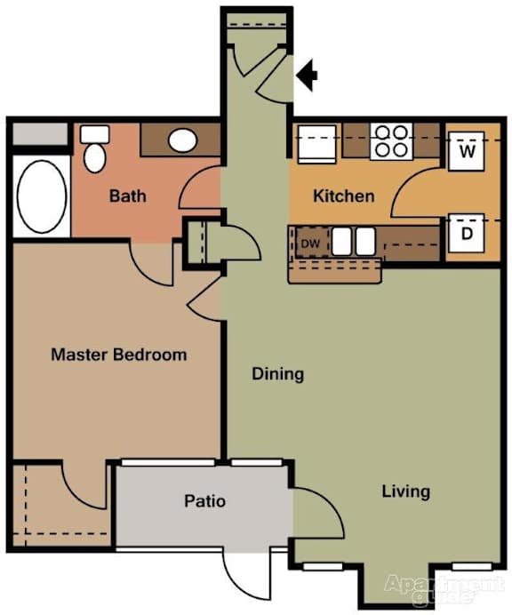 A floor plan of an apartment with a master bedroom, living room, kitchen, and bath.