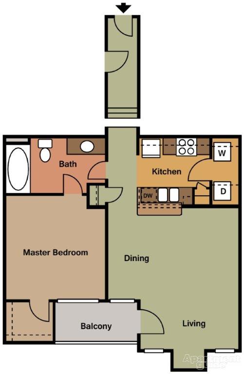 A floor plan of an apartment with a living room, dining room, kitchen, and master bedroom.