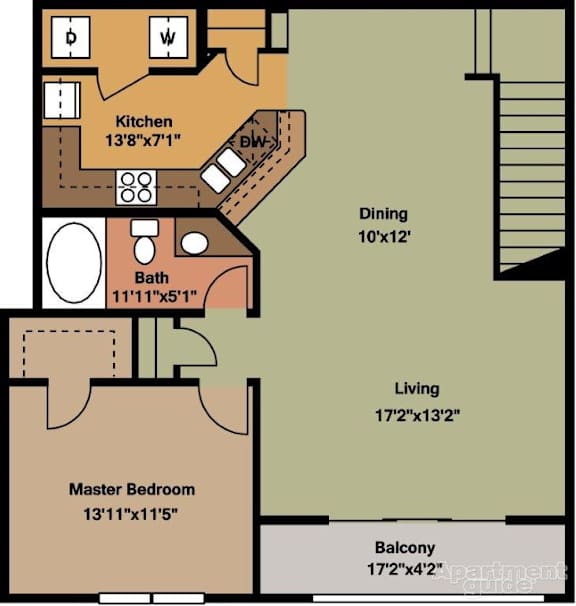 A floor plan of an apartment showing the layout of the kitchen, dining room, living room, bathroom, and bedrooms.