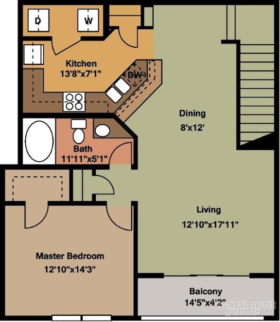 A floor plan of a home showing a kitchen, dining area, living room, bathroom, and balcony.