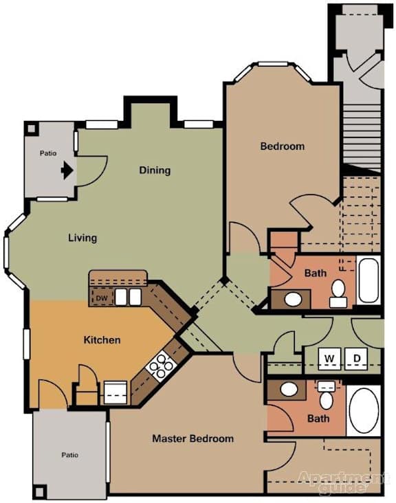 A floor plan of an apartment with a living room, dining room, kitchen, two bedrooms, and two bathrooms.