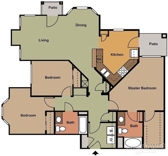 A floor plan of a house with a living area, dining area, kitchen, and bedrooms.