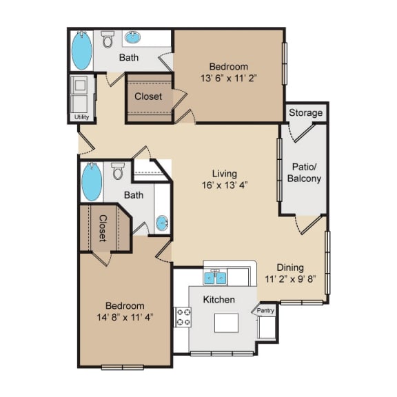 B2 Floor Plan at Seven Oaks Apts, Garland, TX, 75044