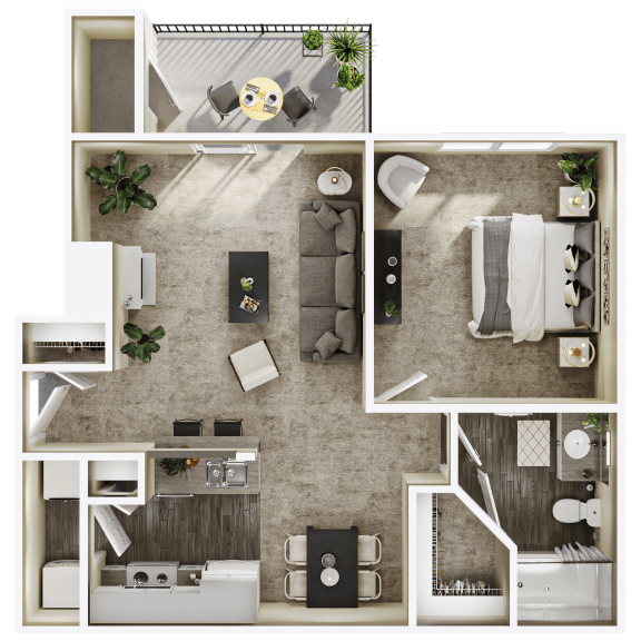a 3d floor plan of a living room with a bedroom