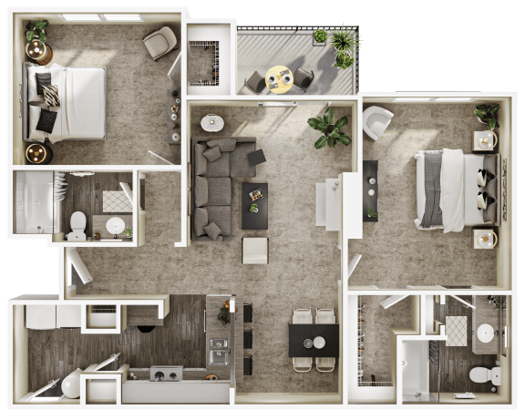 a 3d floor plan of a bedroom and living room