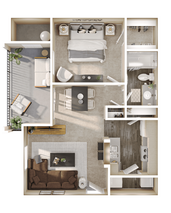a 3d rendering of a bedroom with a living room and a bed