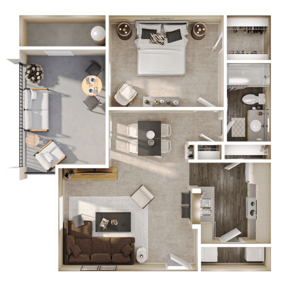 a 3d rendering of a floor plan with a bedroom and living room