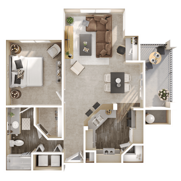 a 3d floor plan of a bedroom and living room