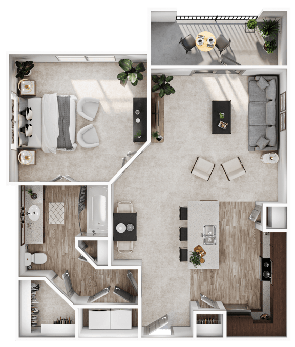 a rendering of the 1 bedroom floor plan of our apartments