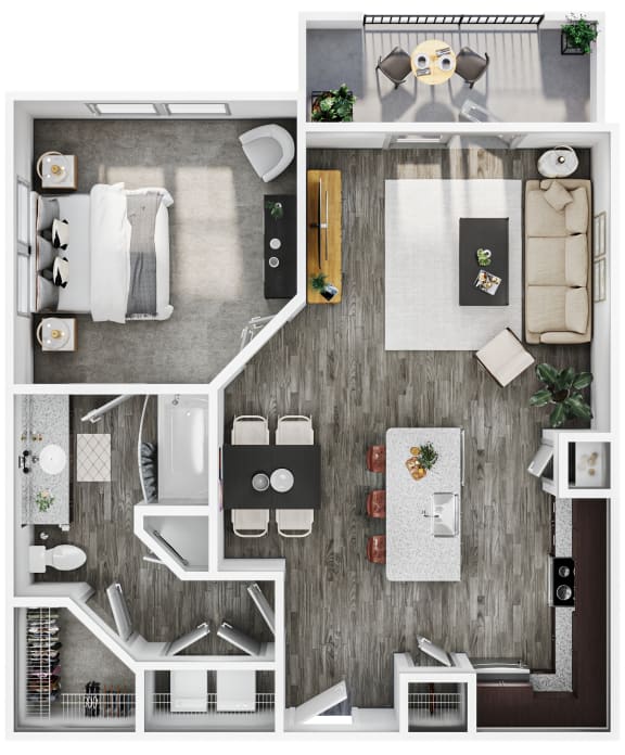 the 1 bedroom floorplan of a 1 bedroom apartment with a bathroom and a balcony