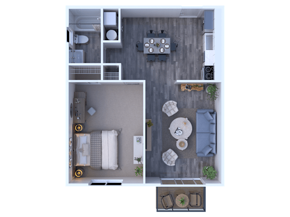 A top-down view of a small apartment with a living room, kitchen, and bedroom.