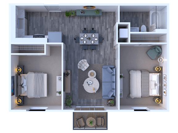 A top-down view of a small apartment with a kitchen, living room, and bedroom.